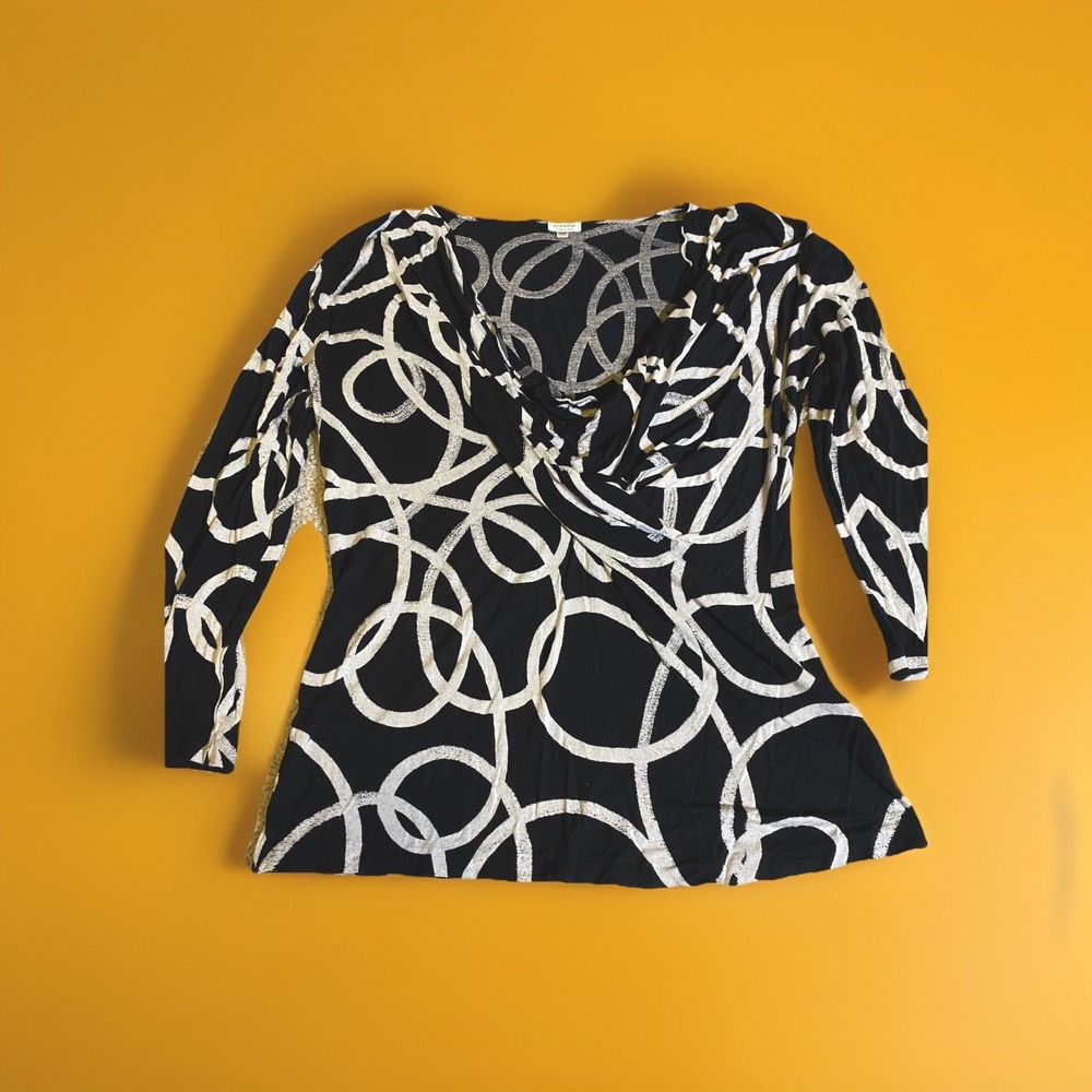 Agnona Long Sleeve Blouse Top Black Women's Size 46 Geometric Wrap Cowl Neck Top